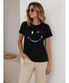 Minimal Gülümseyen Yüz Baskılı Tişört Kısa Kol Yazlık T-Shirt - Siyah