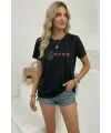 Minimal Kalp İşaret Baskılı Tişört Kısa Kol Yazlık T-Shirt - Siyah