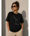 Minimal Kedi Çizim Baskılı Tişört Kısa Kol Yazlık T-Shirt - Siyah