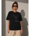 Minimal Kedi Çizim Baskılı Tişört Kısa Kol Yazlık T-Shirt - Siyah