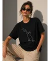 Minimal Kedi Çizim Baskılı Tişört Kısa Kol Yazlık T-Shirt - Siyah