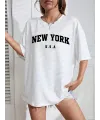 New York Baskılı Oversize Bisiklet Yaka T-shirt - Beyaz