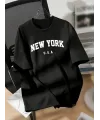 New York Baskılı Oversize Bisiklet Yaka T-shirt - Siyah
