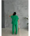 OMUZ MİDYE SIRALI BLUZ - PAÇA PENSLİ PANTOLON TAKIM - Yeşil