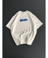 Ön Ve Arka Baskılı Oversize Bisiklet Yaka T-shirt- Beyaz