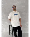 Ön Ve Arka Baskılı Oversize Bisiklet Yaka T-shirt- Beyaz