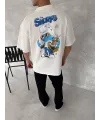 Ön Ve Arka Baskılı Oversize Bisiklet Yaka T-shirt- Beyaz