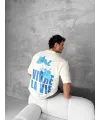Ön Ve Arka Baskılı Oversize Bisiklet Yaka T-shirt- Beyaz