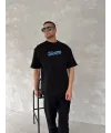 Ön Ve Arka Baskılı Oversize Bisiklet Yaka T-shirt- Siyah