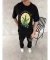 Ön Ve Arka Baskılı Oversize Bisiklet Yaka T-shirt- Siyah