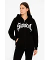 Oversize Kapüşonlu Sweatshirt  Hoodie 3 İplik Şardonlu Pamuklu Kumaş, Önü Baskılı, Fermuarlı Rahat Kalıp, Kışlık Ve Sokak Stili Sweat - Siyah