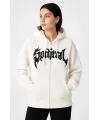 Oversize Kapüşonlu Sweatshirt Hoodie 3 İplik Şardonlu Pamuklu Kumaş, Önü Baskılı, Fermuarlı Rahat Kalıp, Kışlık Ve Sokak Stili Sweat - Beyaz