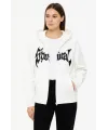 Oversize Kapüşonlu Sweatshirt Hoodie 3 İplik Şardonlu Pamuklu Kumaş, Önü Baskılı, Fermuarlı Rahat Kalıp, Kışlık Ve Sokak Stili Sweat - Beyaz