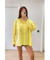 Oversize Pens Detaylı Cepli Yırtmaçlı Rahat Kalıp Poplin Gömlek - Sarı
