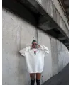Oversize Üç İplik Bisiklet Yaka Baskılı SweatShirt - Beyaz