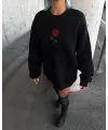 Oversize Üç İplik Bisiklet Yaka Baskılı SweatShirt - Siyah
