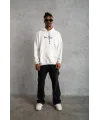 Oversize Üç İplik Şardonlu Kapüşonlu Sweatshirt – Beyaz “Other Lives” Ön Ve Arka Baskılı, Kanguru Cepli, Ribanalı Rahat Kışlık Model Beyaz