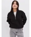 Oversize Yarım Farmuarlı Yakalı Basic SweatShirt - Siyah
