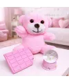 Pembe Peluş Ayıcık, Kar Küresi Ve Pembe Çikolata Not Defteri Hediye Seti