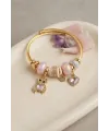 Pembe Renk Teddy Bear Model Gold Charmlı Bileklik