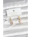 Pirinç Gold Pembe Renk Zirkon Taşlı Kalp Model Kadın Küpe