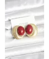 Pirinç Gold Renk Bordo Boncuklu Oval Vintage Kadın Küpe