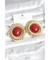Pirinç Gold Renk Bordo Boncuklu Vintage Kadın Küpe
