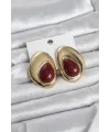 Pirinç Gold Renk Bordo Taşlı Damla Model Vintage Kadın Küpe