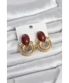 Pirinç Gold Renk Bordo Taşlı Vintage Kadın Küpe