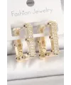 Pirinç Gold Renk Kare Zirkon Taşlı Kadın Küpe