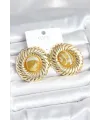Pirinç Gold Renk Kehribar Boncuklu Vintage Kadın Küpe