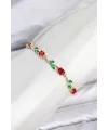 Pirinç Gold Renk Kırmızı Zirkon Taşlı Çiçek Model Kadın Bileklik