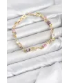 Pirinç Gold Renk Pembe ve Mor Zirkon Taşlı Çiçek Model Kadın Bileklik