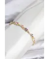 Pirinç Gold Renk Pembe ve Mor Zirkon Taşlı Çiçek Model Kadın Bileklik