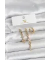 Pirinç Gold Renk Pembe Zirkon Taşlı 3lü Kadın Küpe