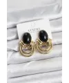Pirinç Gold Renk Siyah Taşlı Vintage Kadın Küpe