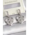Pirinç Gümüş Renk Kalp Model Zirkon Taşlı Ay Yıldız İşlemeli Kadın Küpe
