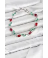 Pirinç Gümüş Renk Kırmızı Zirkon Taşlı Çiçek Model Kadın Bileklik