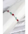 Pirinç Gümüş Renk Kırmızı Zirkon Taşlı Çiçek Model Kadın Bileklik