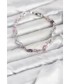 Pirinç Gümüş Renk Pembe ve Mor Zirkon Taşlı Çiçek Model Kadın Bileklik