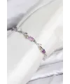 Pirinç Gümüş Renk Pembe ve Mor Zirkon Taşlı Çiçek Model Kadın Bileklik