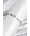 Pirinç Gümüş Renk Pembe Zirkon Taşlı Çiçek Model Kadın Bileklik