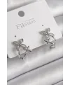 Pirinç Gümüş Renk Zirkon Taşlı 2Li Çiçek Model Kadın Küpe