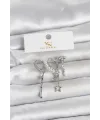 Pirinç Gümüş Renk Zirkon Taşlı Gece Temalı 3lü Kadın Küpe