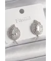 Pirinç Gümüş Renk Zirkon Taşlı Yaprak Model Kadın Küpe