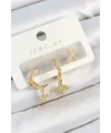 Pirinç Zirkon Taşlı Çiçek Ve Ay Model Gold Renk 3lü Çift Kadın Küpe Set