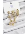 Pirinç Zİrkon Taşlı Geometrik Model Gold Renk 3lü Kadın Küpe