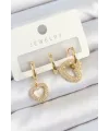Pirinç Zirkon Taşlı Kalp Model Gold Renk 3lü Çift Kadın Küpe Set