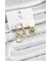 Pirinç Zİrkon Taşlı Kalp Model Gold Renk 3lü Kadın Küpe