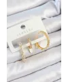 Pirinç Zirkon Taşlı Sallantılı Model Gold Renk 3lü Çift Kadın Küpe Set